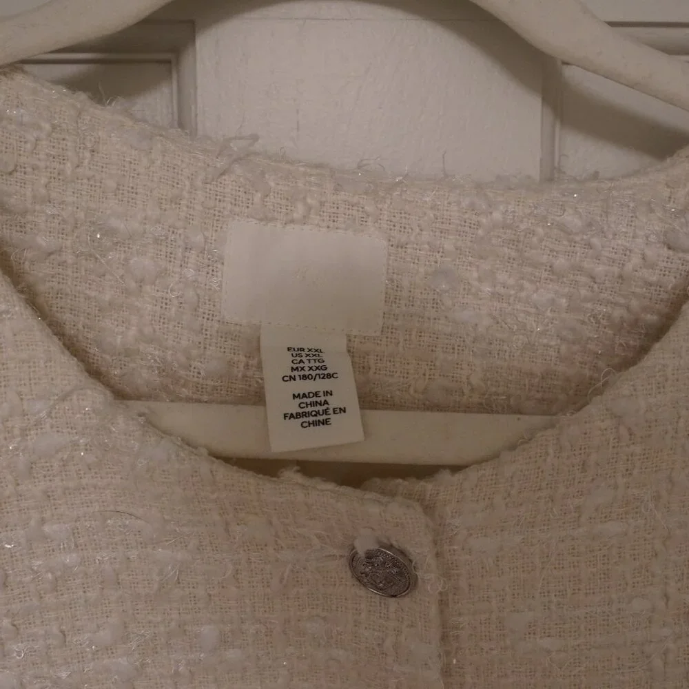 Cream Textured Bouclé Cropped Lady Jacket XXL White Sparkle Button Front - Picture 2 of 5